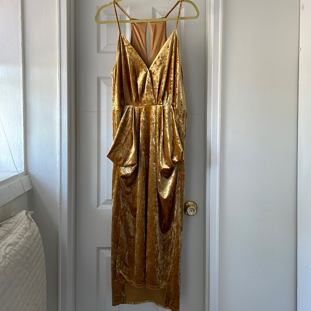 BCBG Generation midi dress gold tan faux suede/velvet. NWT Large